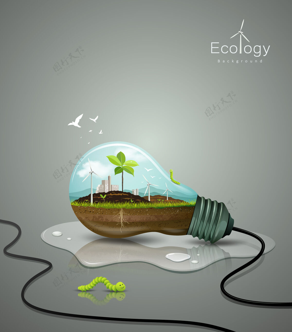 草灯泡生态理念 带芽植物 土壤 建筑 风电机组 虫绿 滴水光概念土壤