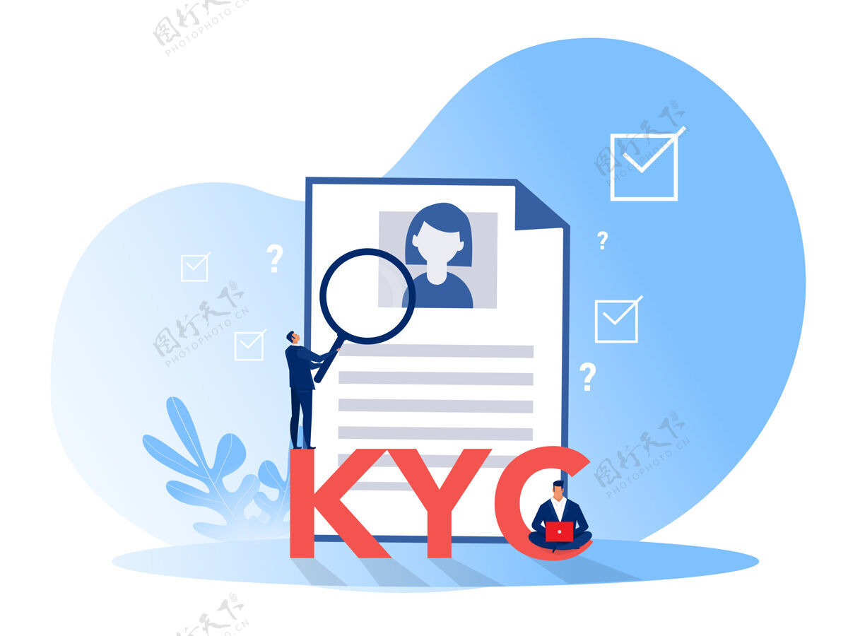 分析师Kyc或了解您的客户与企业核实其客户的身份的概念 在合作伙伴要通过一个放大镜识别搜索个人