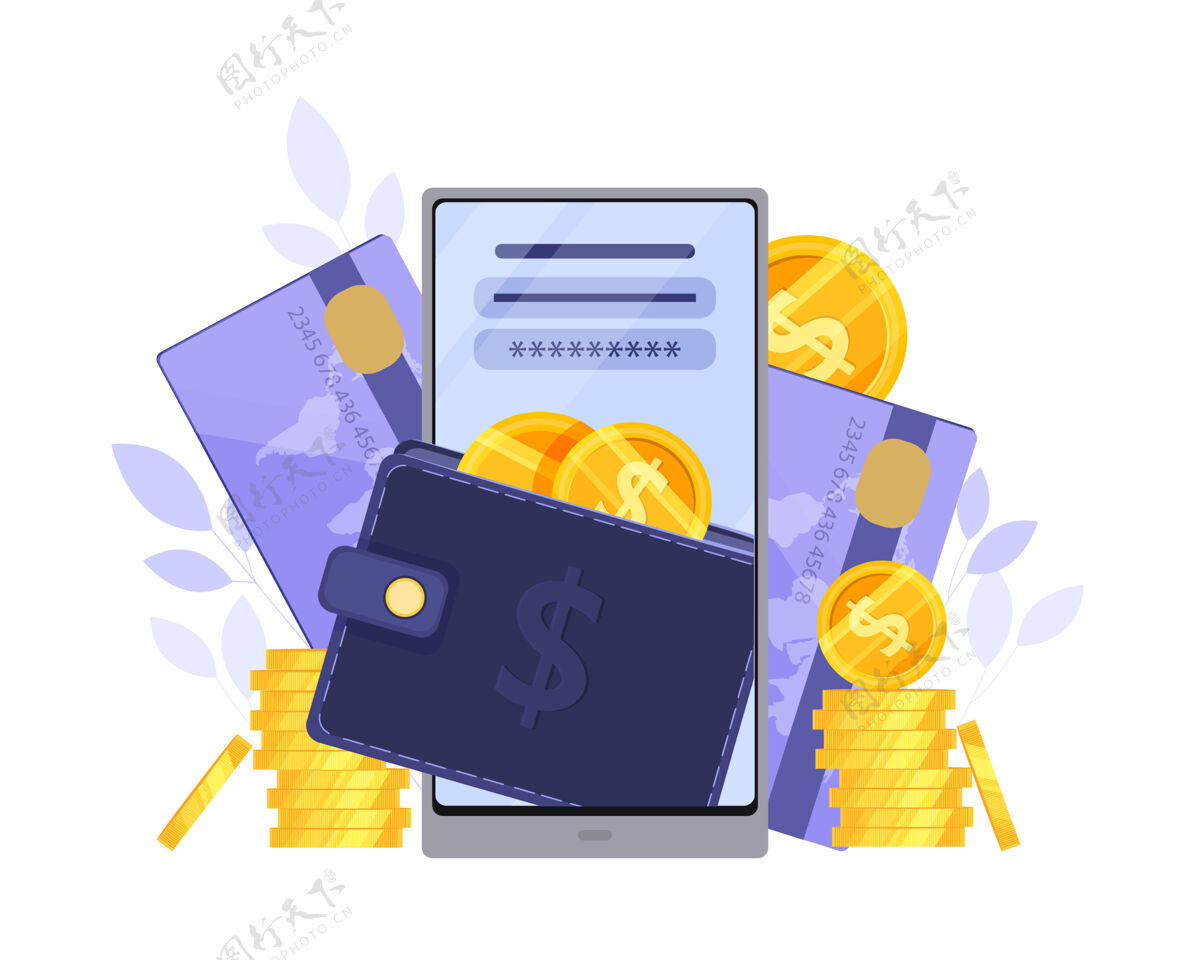 购物在线钱包或数字支付概念与智能手机屏幕 信用卡 美元硬币美元平板编码