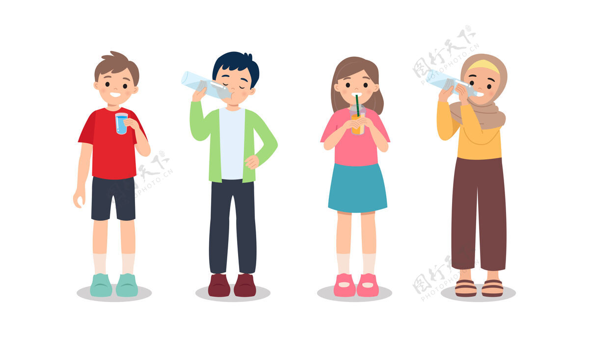 伊斯兰男孩和女孩用玻璃和塑料喝水瓶子健活方式概念停留水化物平坦剪贴画隔离在白色上饮料健康女性
