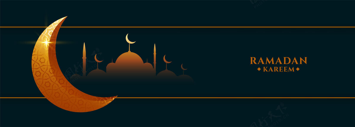 文化斋月卡里姆节旗帜与清真寺和月亮海报宗教邀请函