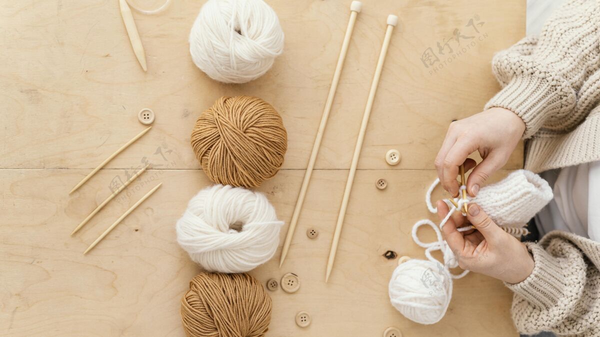 手工平铺针织工具生活方式针织针俯视图