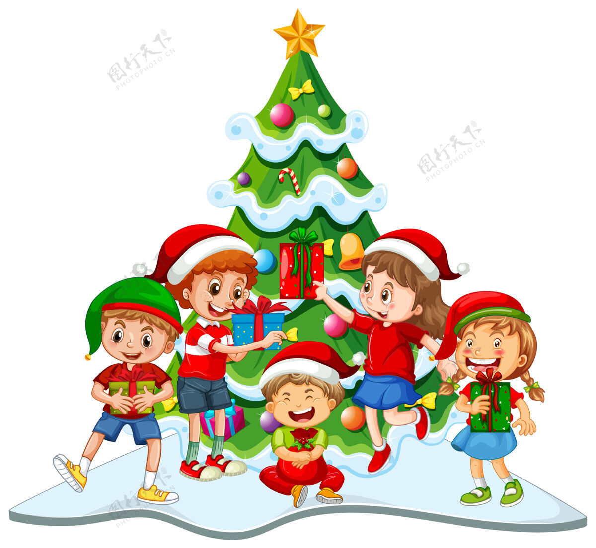 礼物一群穿着圣诞服装的孩子圣诞树感觉圣诞老人