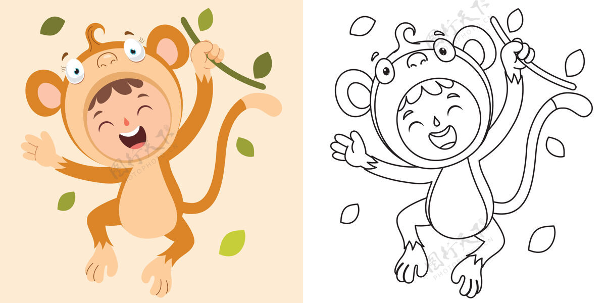 卡通线艺术画儿童彩页顾客猴子手绘