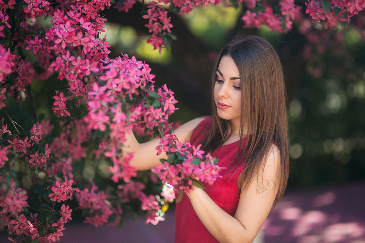 花园美丽的女孩在盛开的粉红色树木的背景下向摄影师摆姿势春天樱花女人白色树