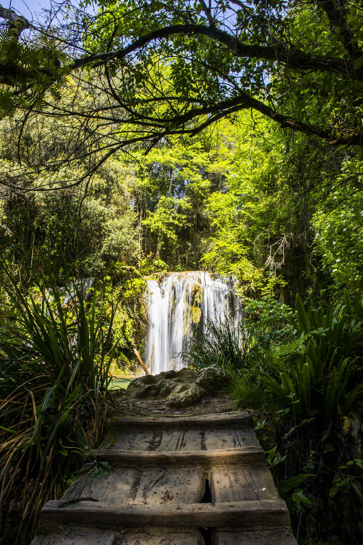 瀑布春在盐德穆里斯瀑布 拉加罗特萨 吉罗纳环境自然美丽
