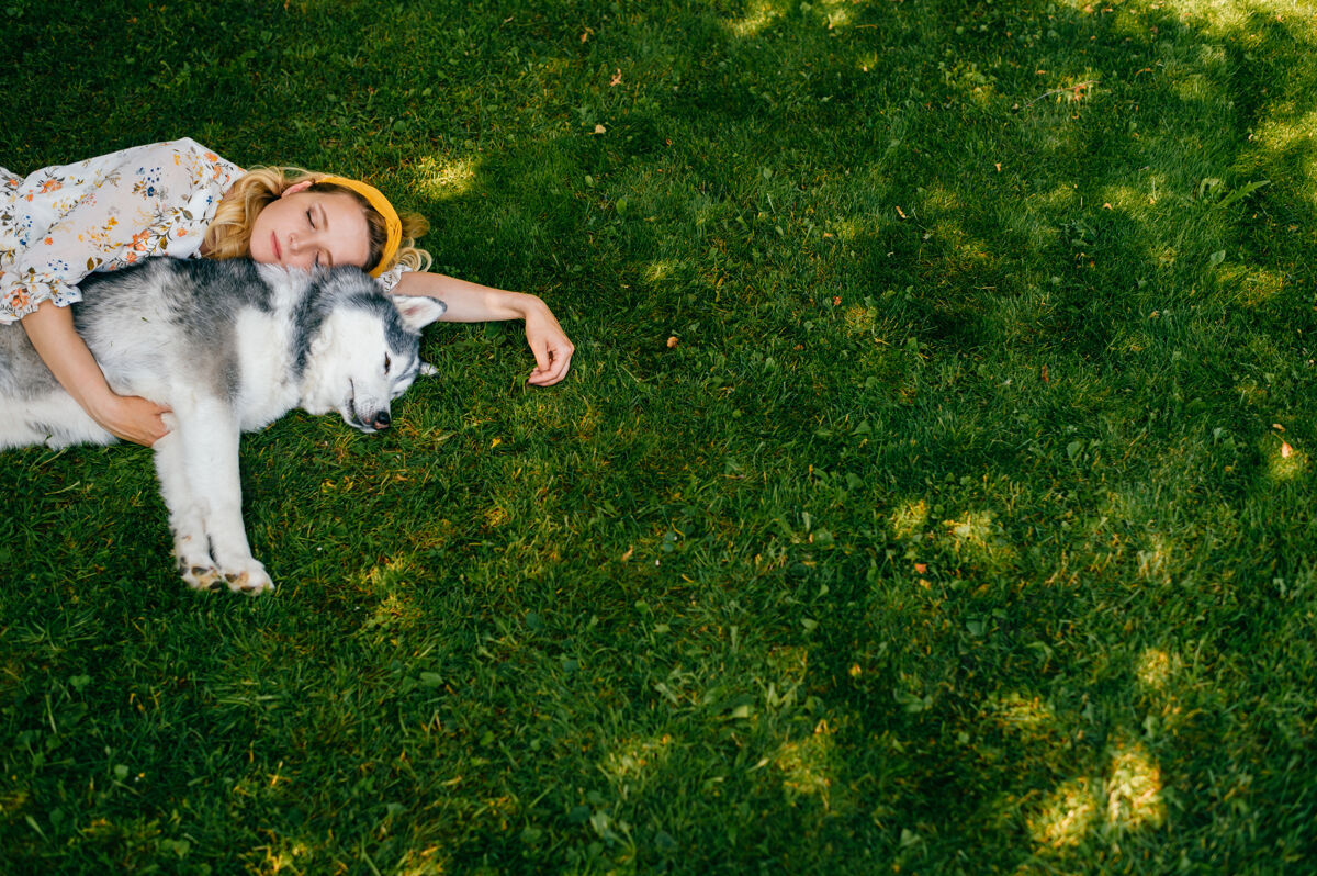 姿势一个年轻浪漫的女人和一条狗躺在草地上年轻狗爱情