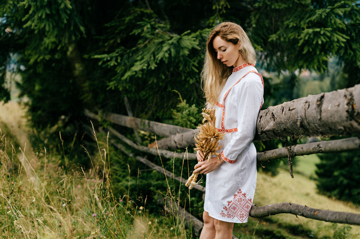 女人年轻迷人的金发女孩 穿着白色刺绣裙 在木栅栏旁摆着小穗束的姿势刺绣木头篱笆