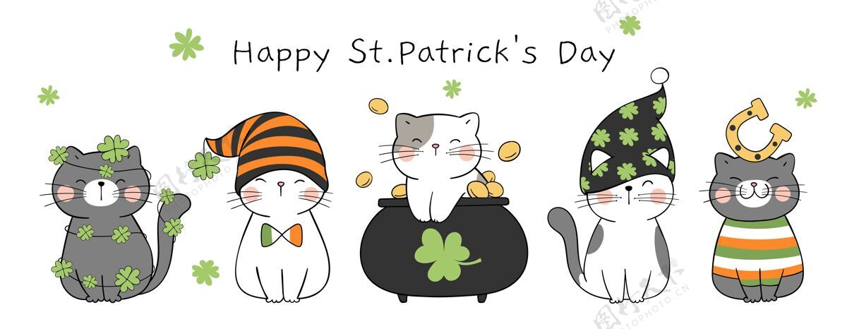 传统圣帕特里克节可爱的猫马蹄硬币圣帕特里克节快乐