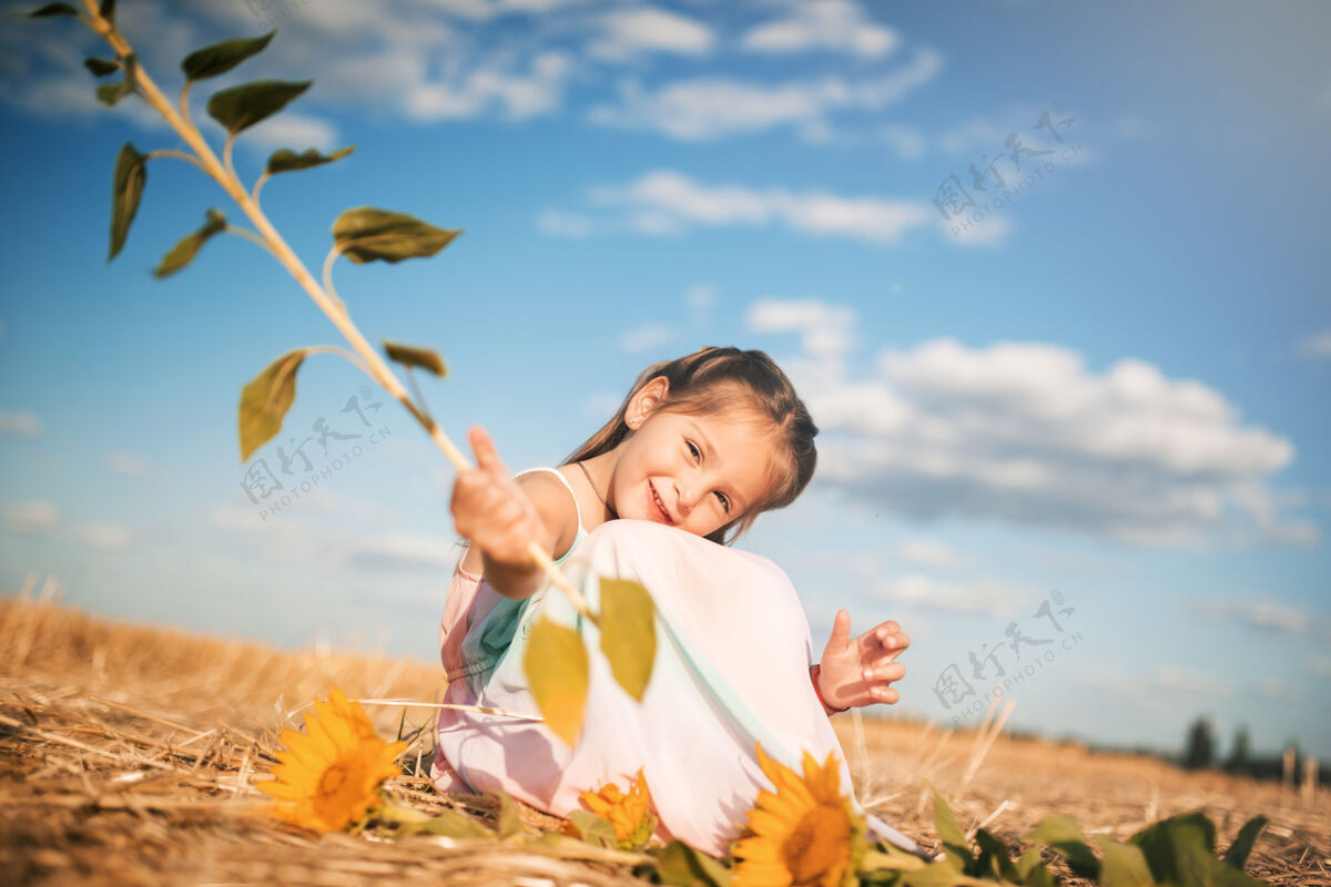 户外在一个阳光明媚的夏日 可爱的小女孩手拿向日葵坐在地上健康生长坐着