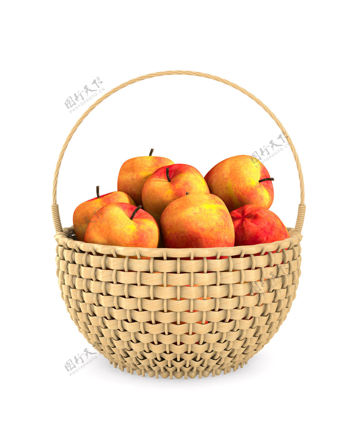 稻草木制柳条篮和苹果放在空白处孤立的三维插图藤条编织吃