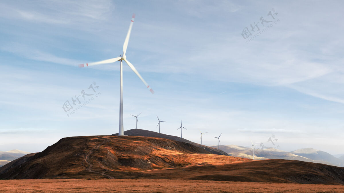 云田野上风力涡轮机的美丽景色景观风能量发生器可持续性风能保护