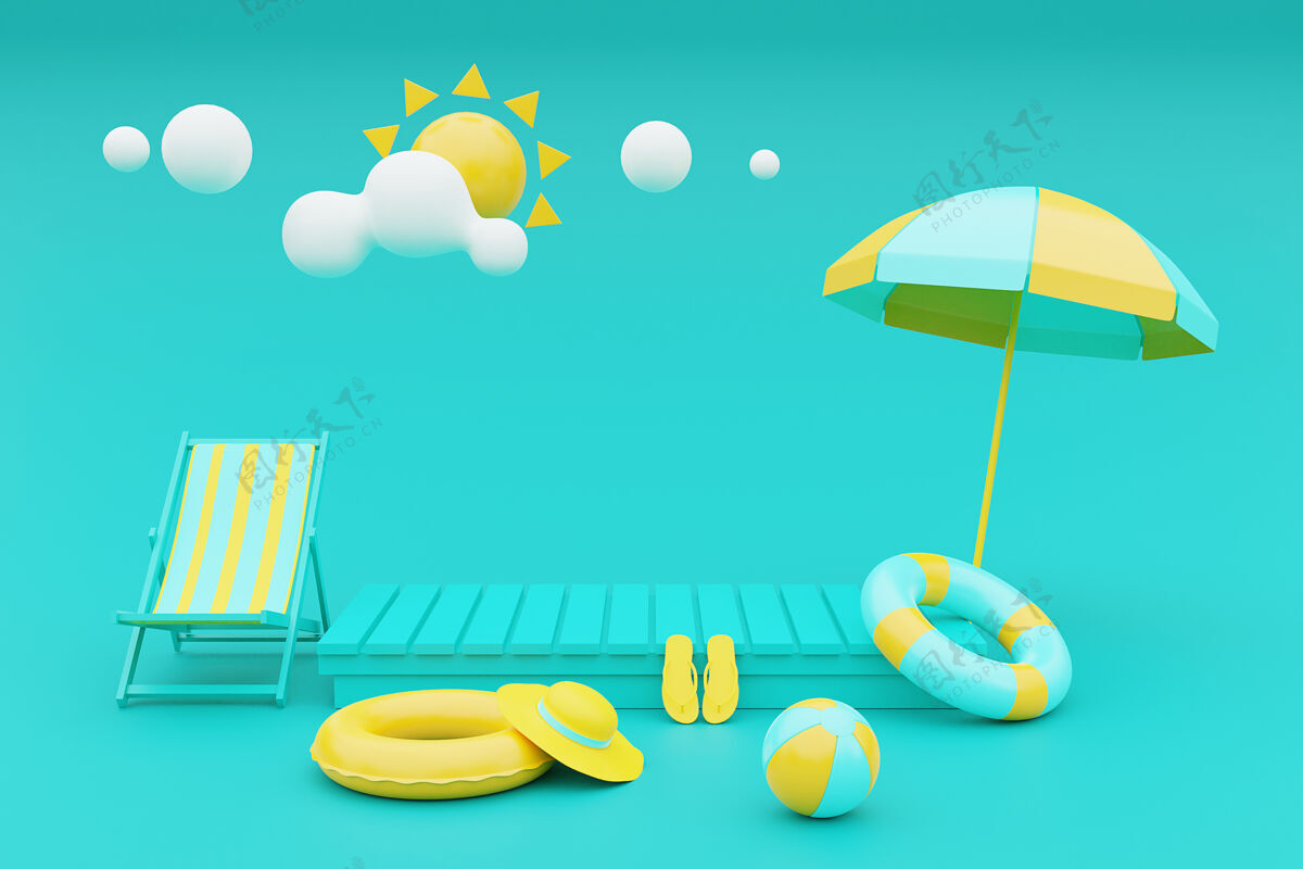 产品带沙滩椅 伞和夏日元素的暑假概念3d渲染3d渲染帽子夏季元素现代