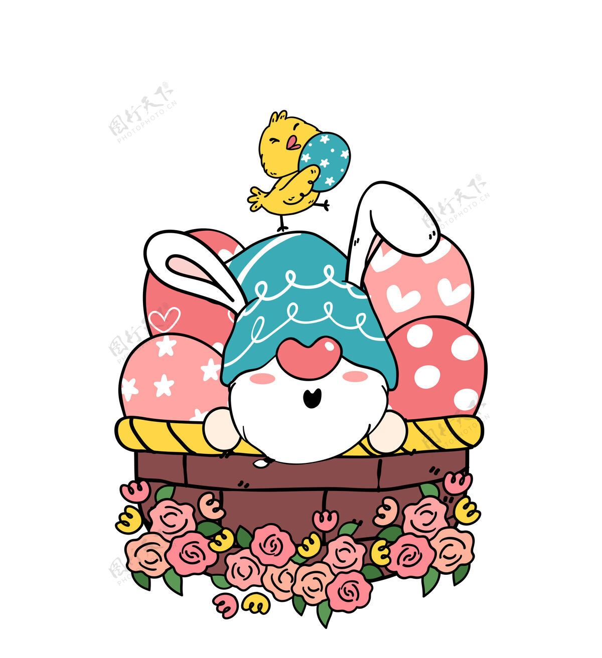 侏儒可爱的复活节侏儒兔子耳朵卡通插图卡通兔子耳朵幻想
