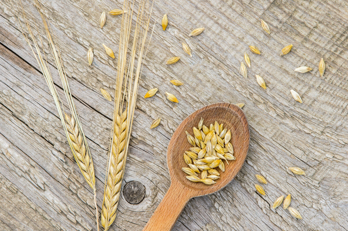 营养老木头背景上的木勺里的大麦粒干的生长健康
