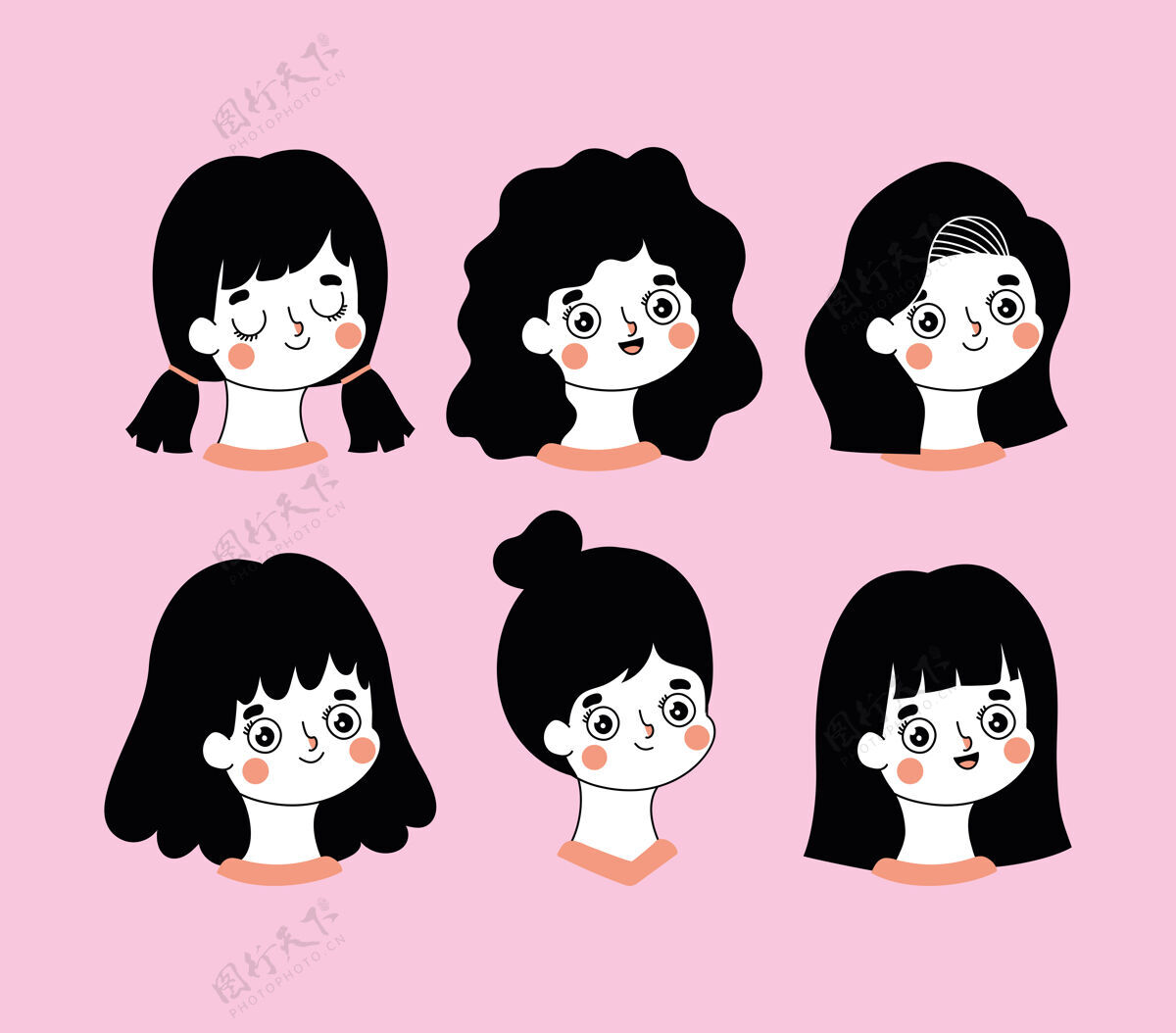 女人一组粉红色背景上的女性图标插图设计脸身体女孩