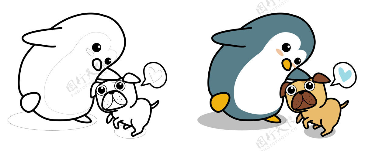 野生动物企鹅和狗charecter儿童卡通彩页狗企鹅美丽
