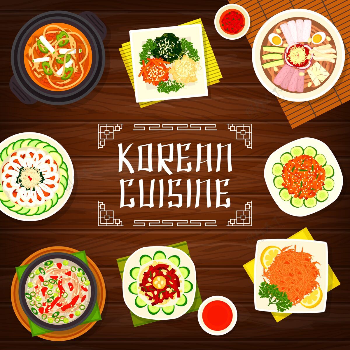 美食韩国料理平光凉面和泡菜猪肉汤插图设计配料卡通食谱
