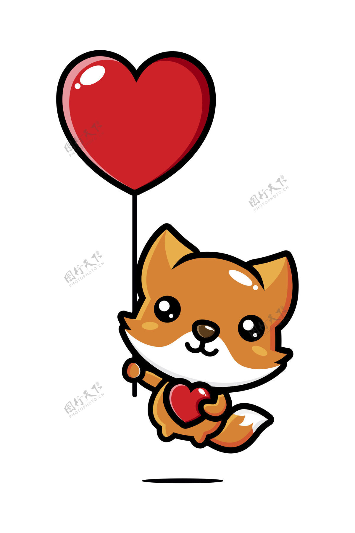 吉祥物可爱的狐狸带着爱的气球在白色的天空中飞翔快乐乐趣狐狸