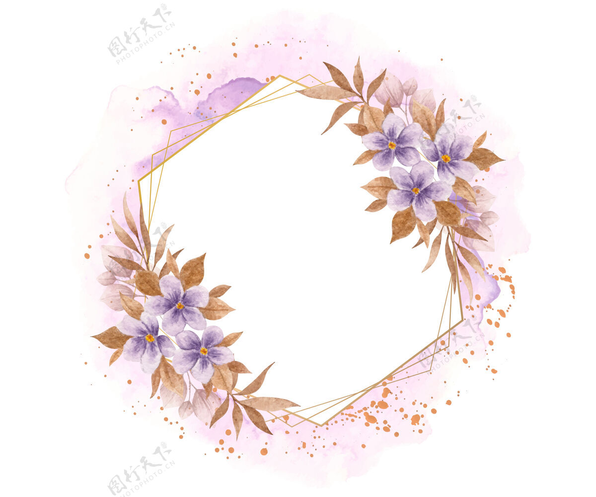 树枝优雅的紫色花朵和叶子多边形框架与飞溅浪漫花束植物