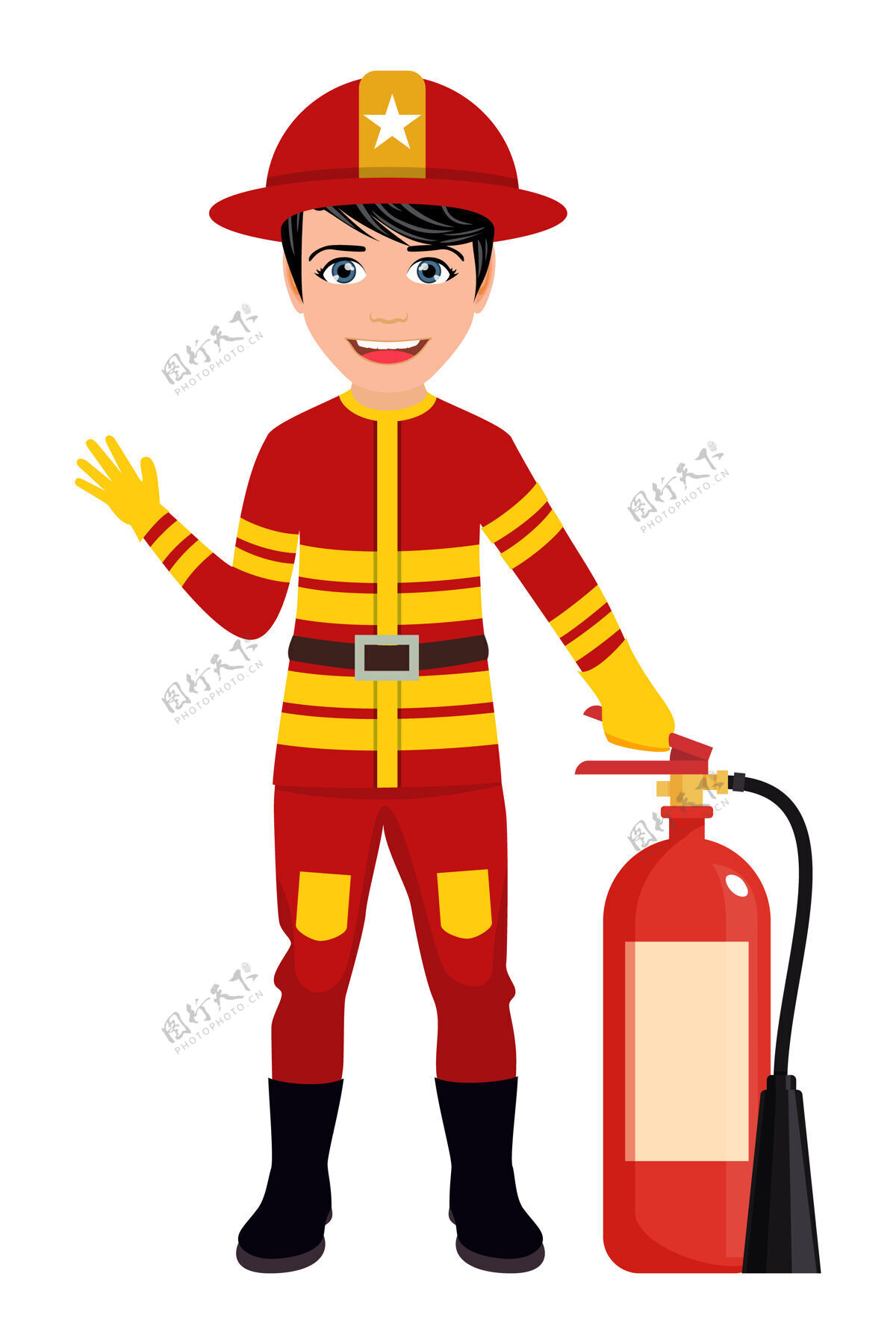 男快乐可爱聪明的消防员角色穿着消防服 挥舞着隔离的消防头盔和灭火器专业制服男