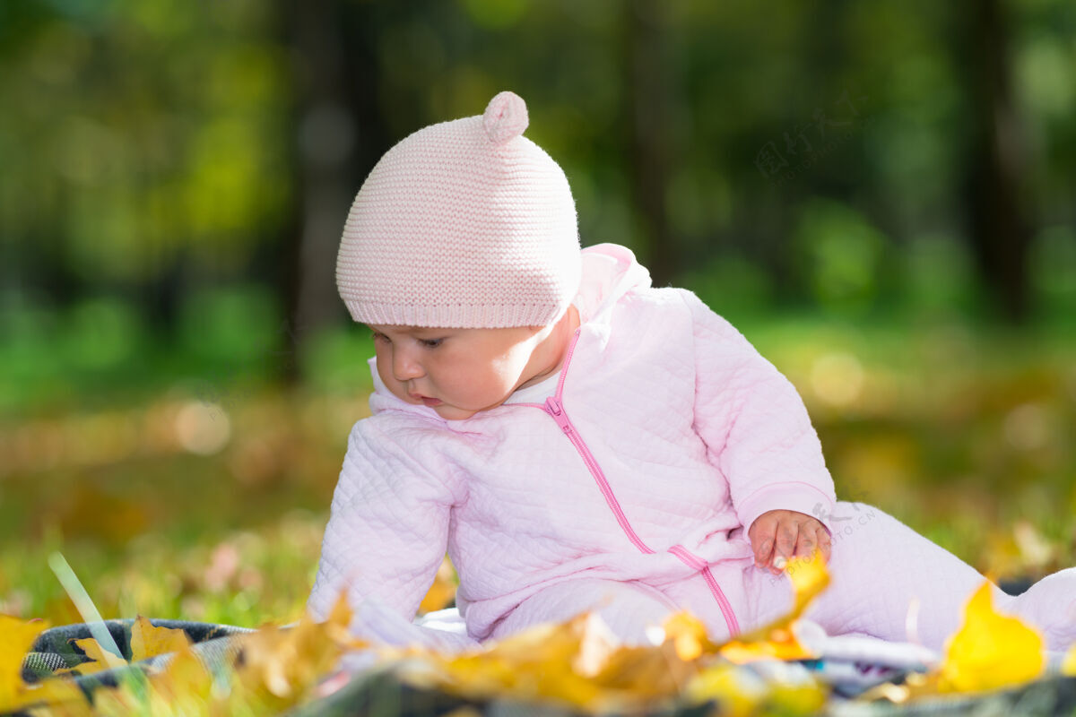 娱乐一个小女婴穿着粉色的连体衣 戴着帽子 坐在公园草地上的毯子上玩秋叶新生儿婴儿高角度