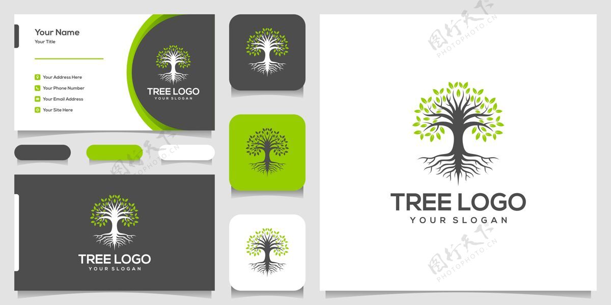 叶子树icon.elements.green图标花园标志模板和名片树自然根