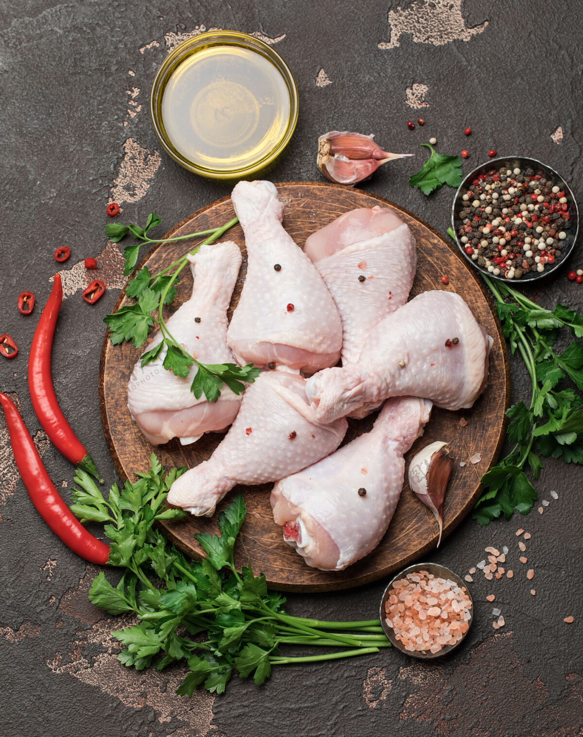 切生鸡腿 用香料和配料在砧板上烹饪饮食膳食家禽