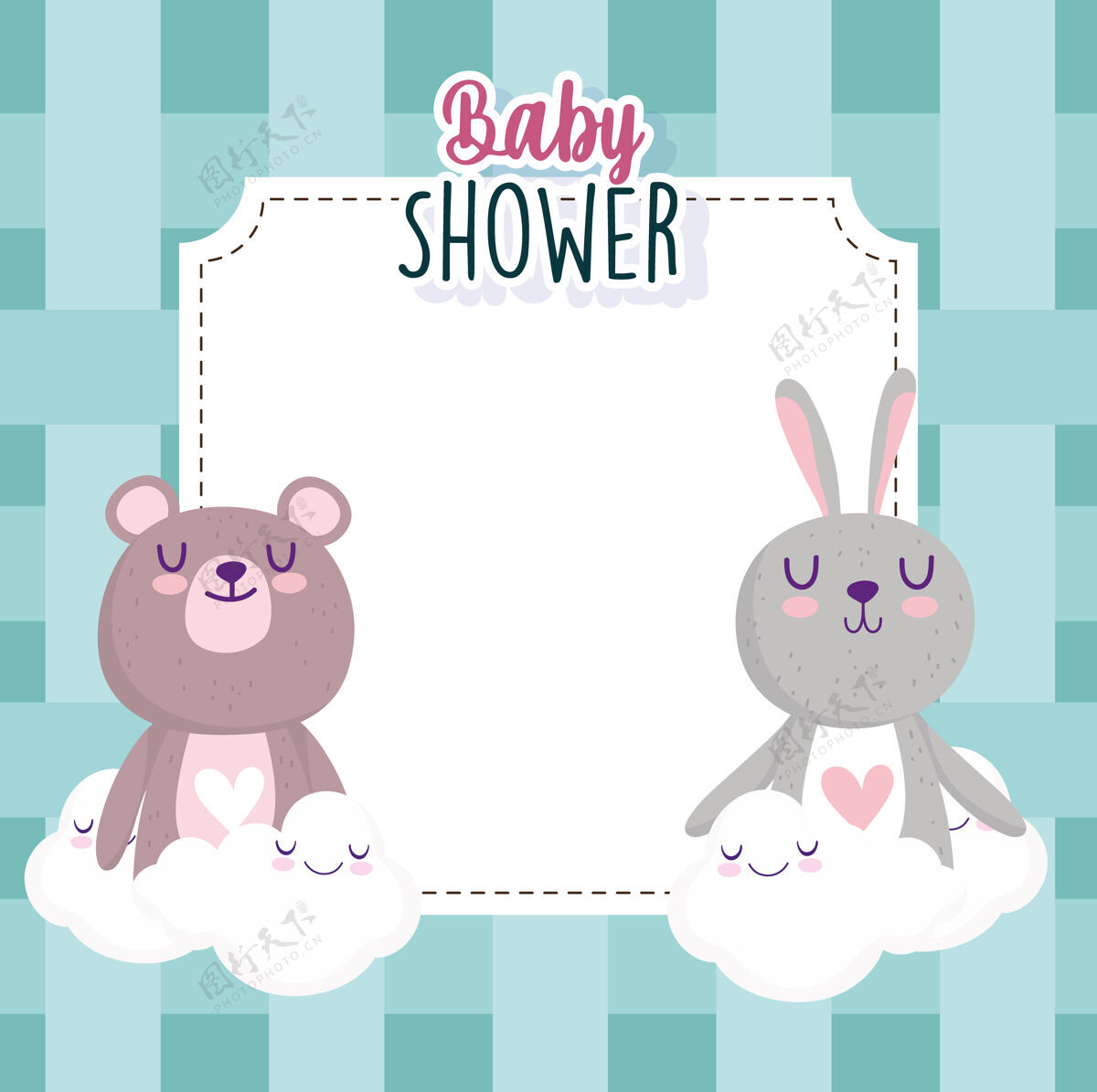 快乐宝宝淋浴贺卡与兔子和熊云装饰矢量插图庆祝玩具云