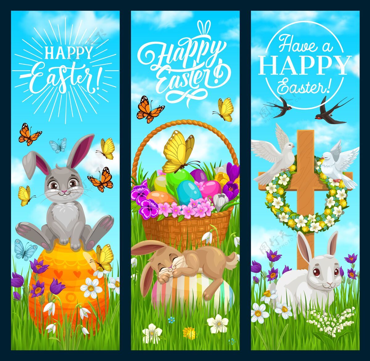 复活节复活节快乐卡通兔子横幅快乐装饰十字架