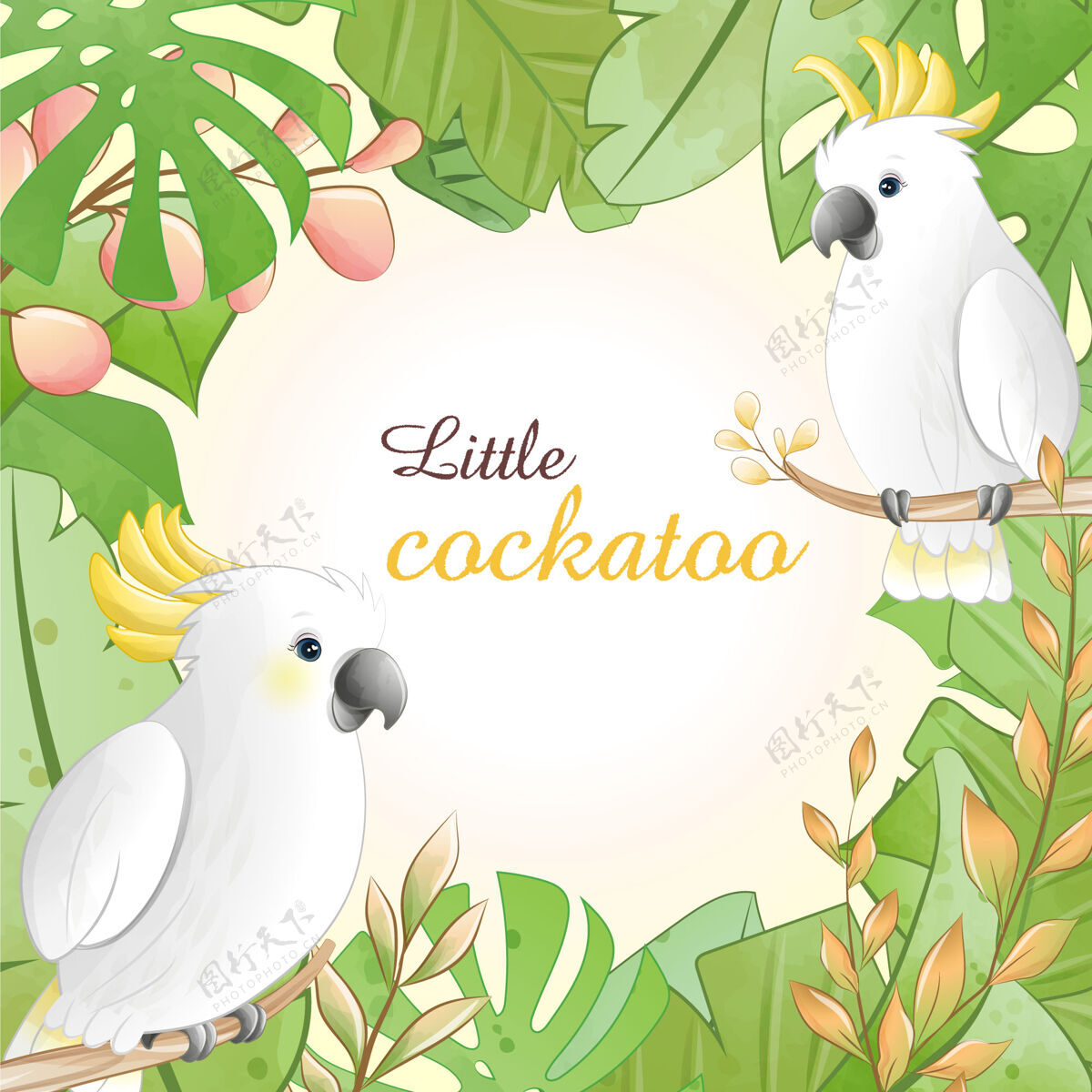 热带水彩画可爱的卡通小凤头鹦鹉与花卉人物可爱动物