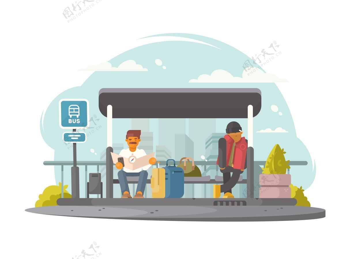 年轻人坐在公共汽车站等待运输的乘客插图背景男性现代