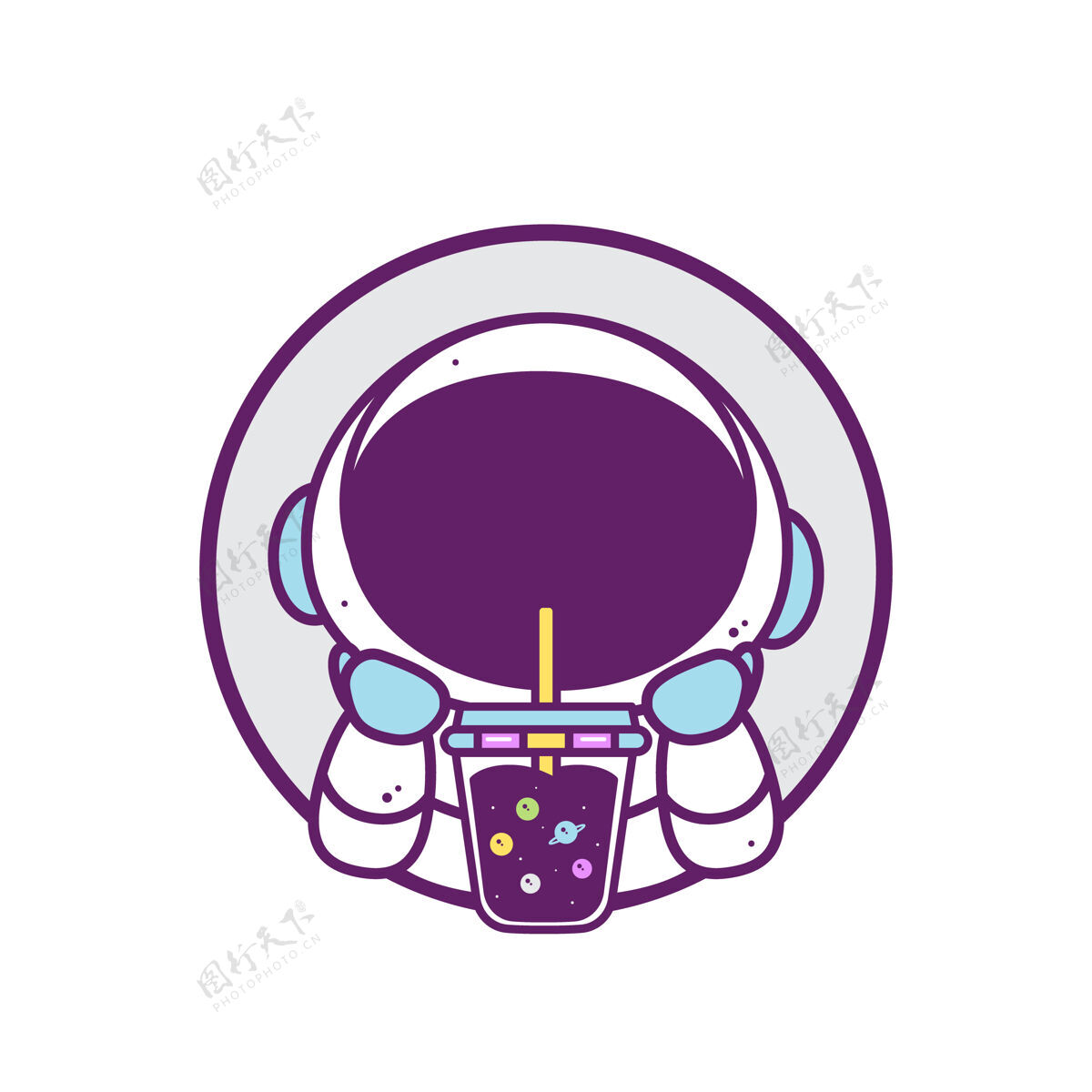 吉祥物可爱的宇航员喝泡茶隔离在白色卡通服装太空