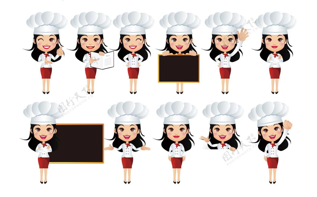 指点厨师人摆出不同的姿势套装厨师帽女人