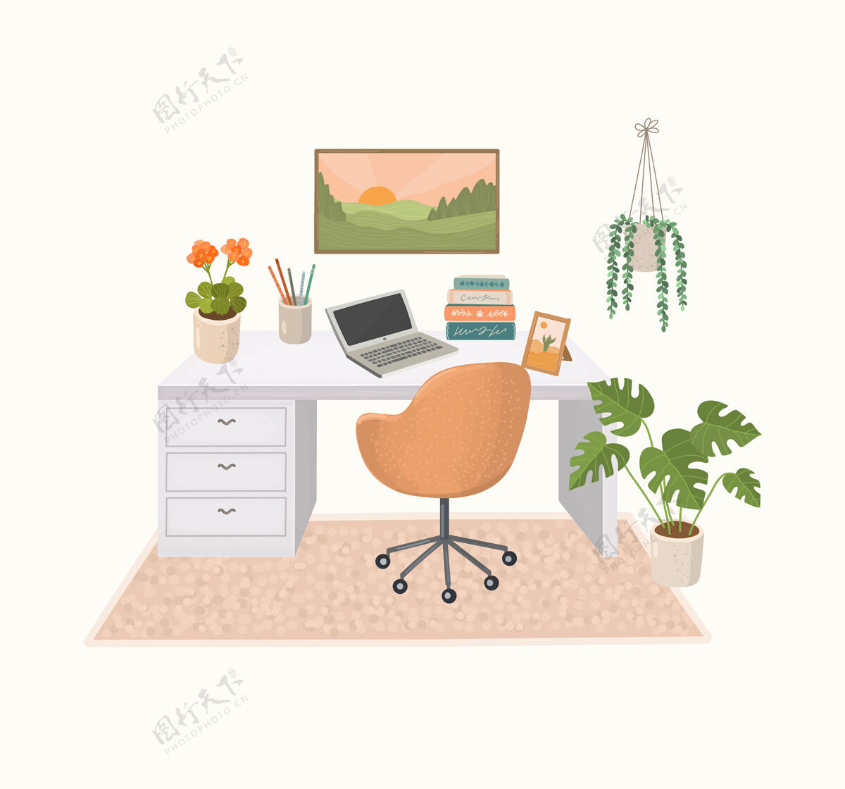 现代现代家居室内有书桌和室内植物房间可爱场景