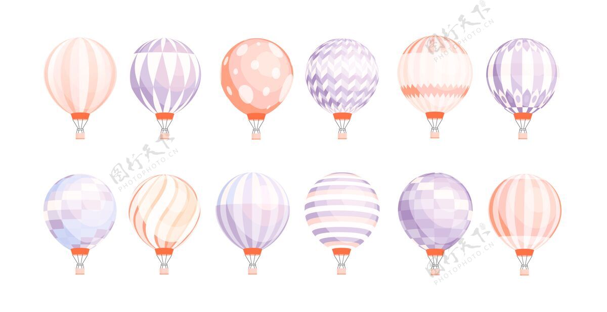 携带一捆不同质地和颜色的圆形热气球隔离在白色背景上冒险飞艇各种