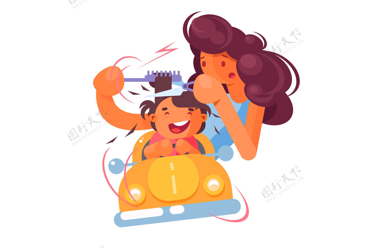 手发廊里的孩子插图.儿童理发师和快乐的小男孩在玩具橙色车里头发公寓人