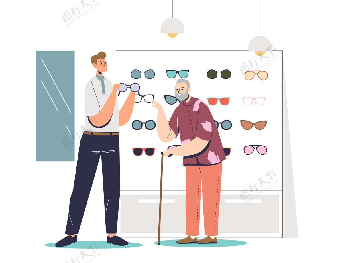 高级高级男士在眼镜店选购眼镜插图卡通视力商店