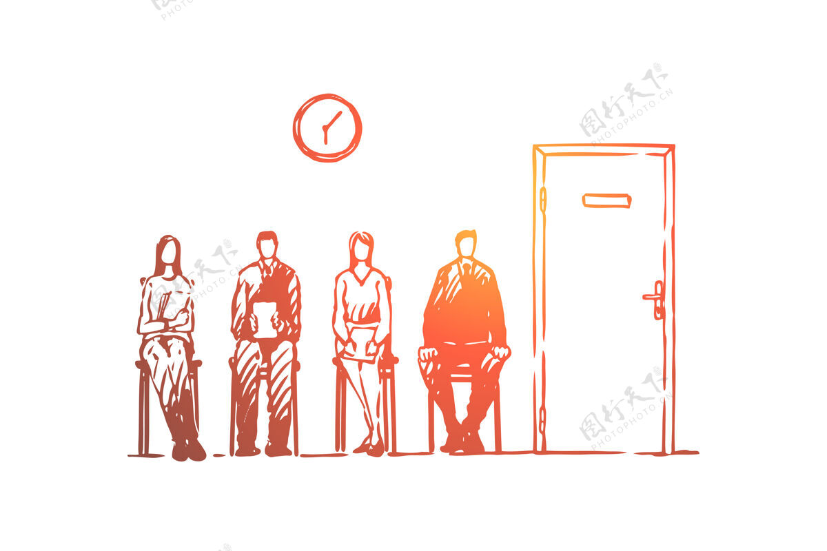 素描求职面试排队 身着正装的男女坐在走廊插画走廊搜索服装
