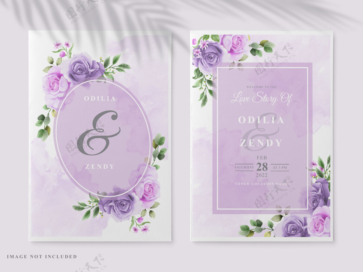复古美丽的花朵手绘婚礼请柬优雅紫色婚礼请柬