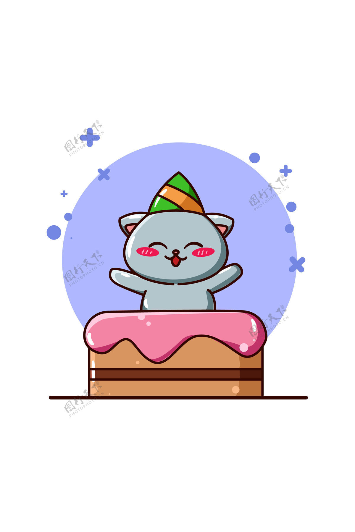 蛋糕一个可爱的猫生日蛋糕动物卡通插图明信片集微笑
