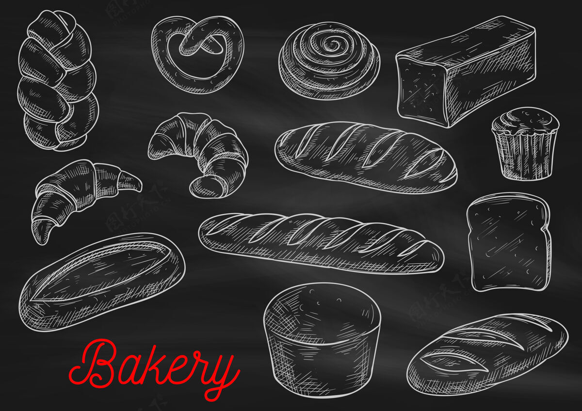 黑板面包种类和烘焙产品隔离在黑色松饼面包房晚餐