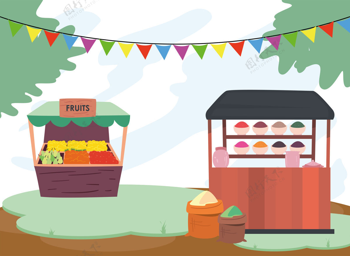 插图水果和调味品市场店外设计零售店和购买主题插图商业零售调味品