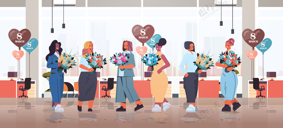 娱乐混血女商人手持花束和气球妇女节3月8日假日庆祝概念现代办公室室内全长水平插图空气插画卡通