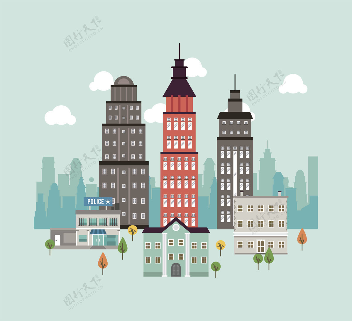 装饰城市生活大都市城市景观与摩天大楼和警察局的插图场景生活现代多彩