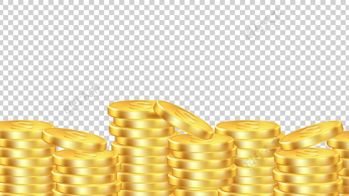 货币金币背景隔离实实在在的钱硬币堆透明横幅堆富有金融