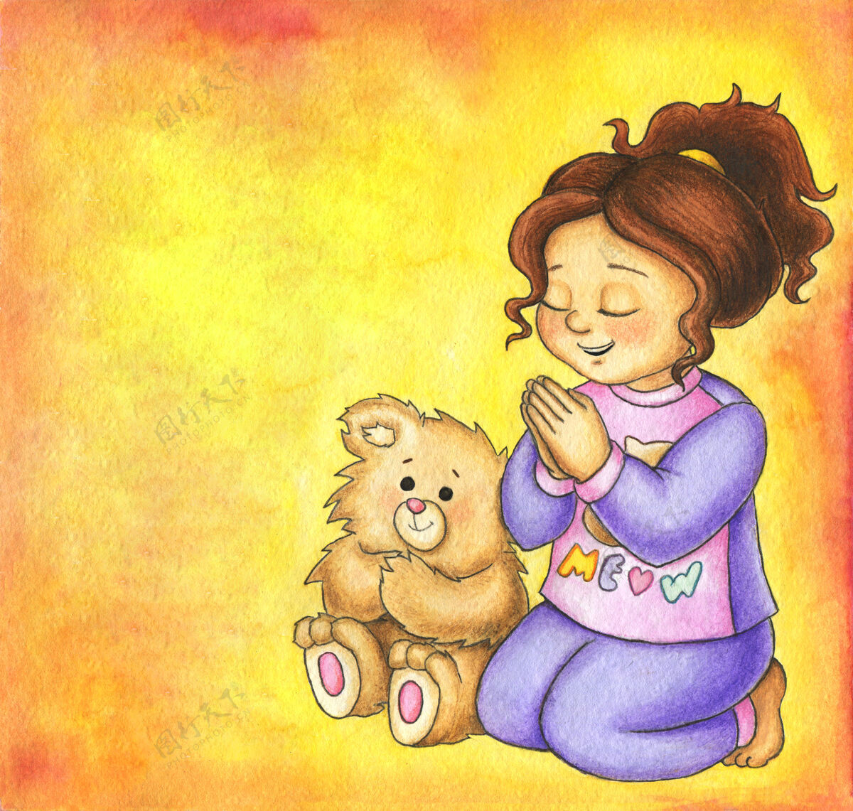 宗教可爱的女孩和一只泰迪熊一起向上帝祈祷可爱泰迪熊祈祷
