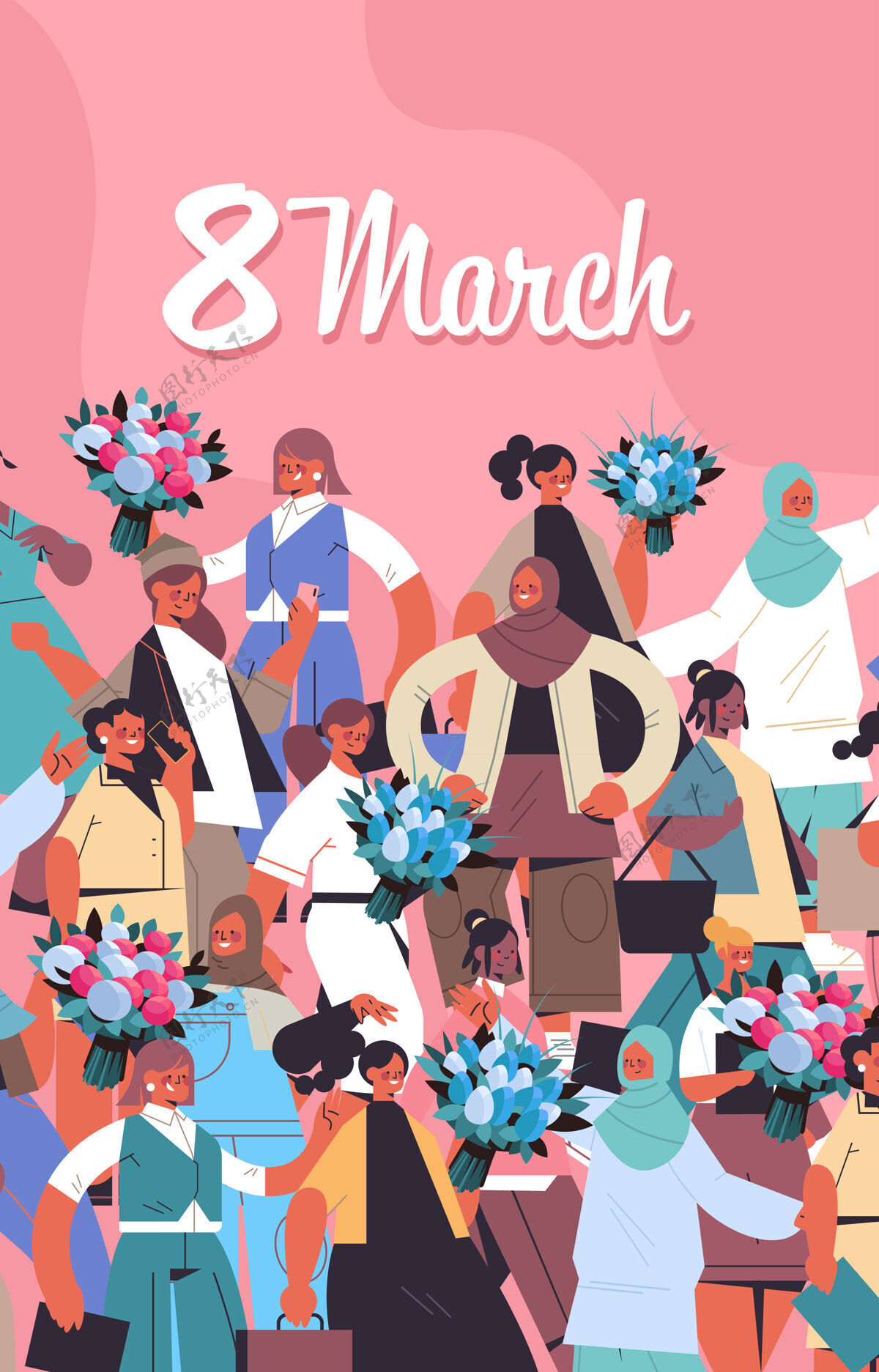 传单混合种族妇女与鲜花庆祝妇女节3月8日节日庆祝概念垂直插图人物女性卡通