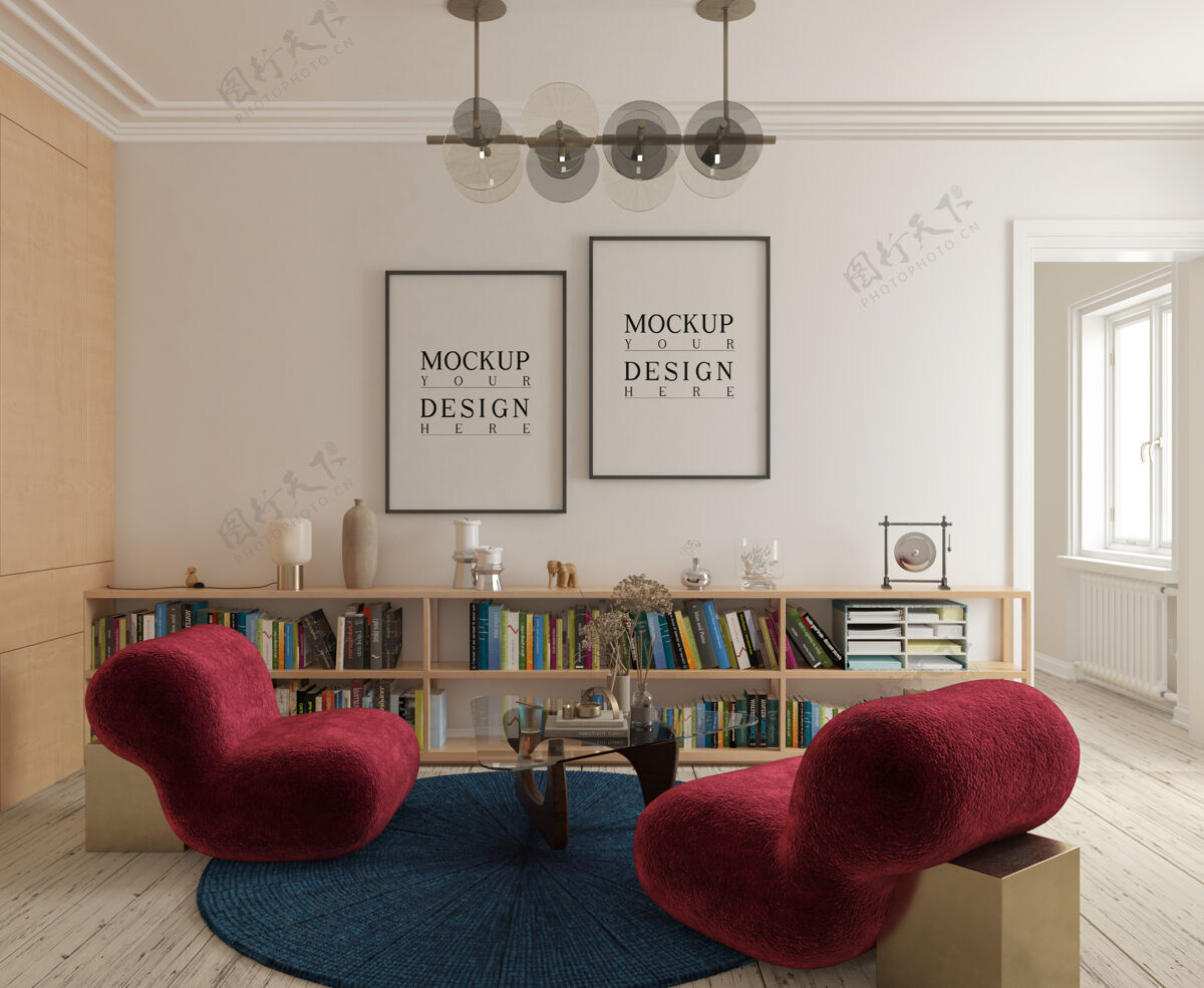 海报模型现代优雅的客厅与红色无扶手椅子和模型海报模型家具三维