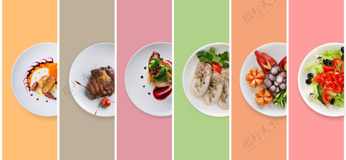 肉拼贴的餐厅菜肴上五颜六色的组成晚餐美食叶子